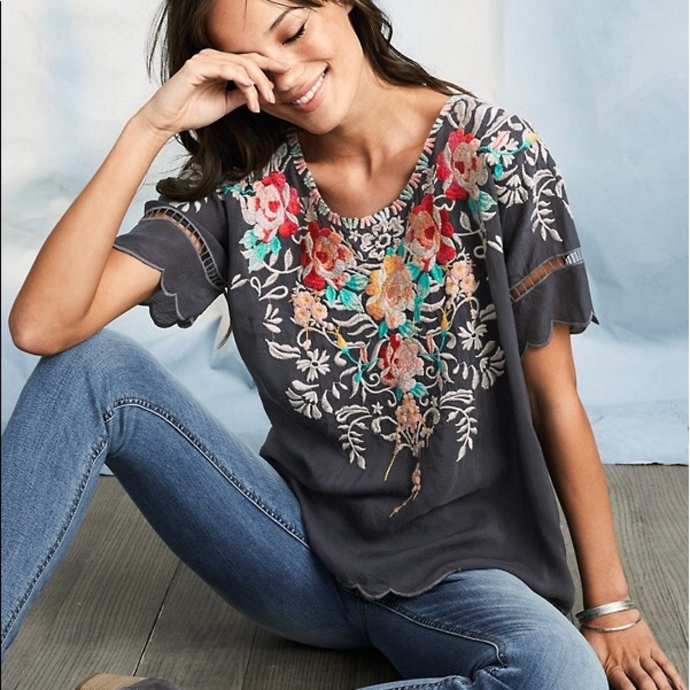 Johnny Was Beautiful Women’s Charcoal Floral Embroidered Scoop Neck Blouse
